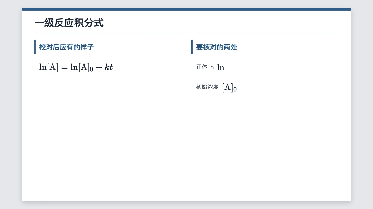 一级反应积分式，ln与初始浓度下标0